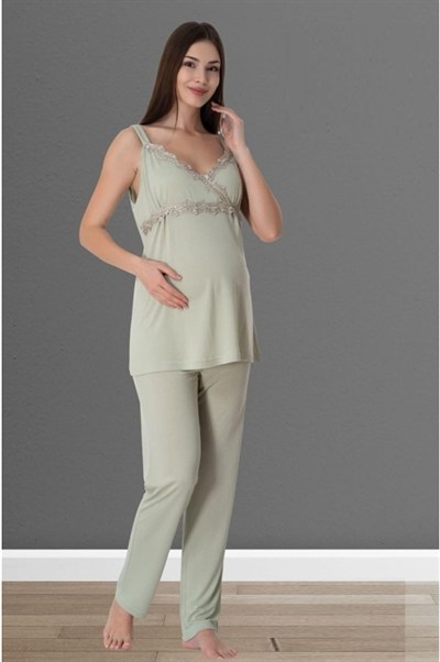 Effort Yeşil Hamile Lohusa Emzirme Özellikli Askılı Pijama Takımı