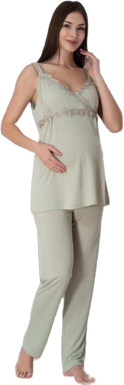 Effort Yeşil Hamile Lohusa Emzirme Özellikli Askılı Pijama Takımı