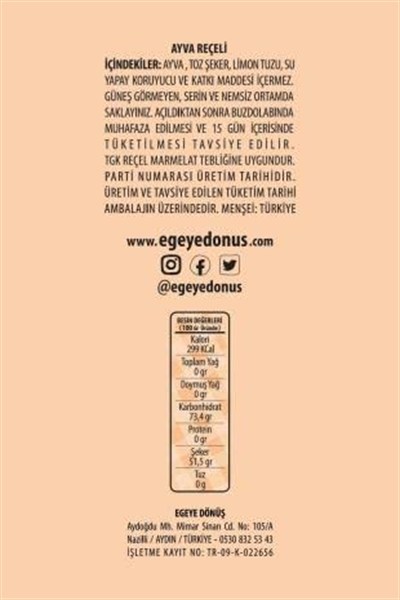 EGEYE DÖNÜŞ Geleneksel Ayva Reçeli Cam Kavanoz - 450 Gr. (%65-%70 Meyve Oranı)