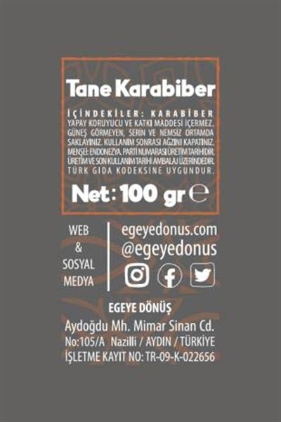 EGEYE DÖNÜŞ Tane Karabiber (Elenmiş Kara Biber Tane Baharat) - 100 Gr. (1. Kalite)