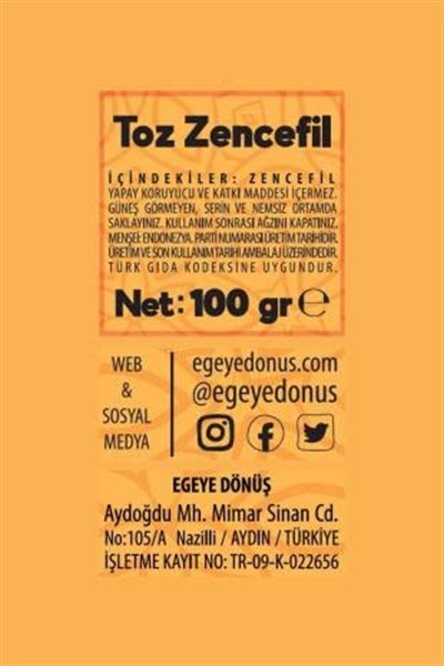 EGEYE DÖNÜŞ Zencefil (Öğütülmüş - Toz) - 100 Gr
