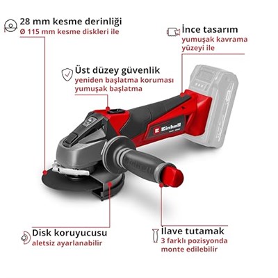 Einhell Akülü Avuç Taşlama TE-AG 18/115 Li-Solo Power X-Change (18 V, 115 mm disk çapı, 28 mm kesme derinliği, yumuşak başlatma, kesme diski ve akü dahil değildir)