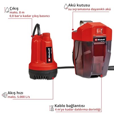 Einhell Akülü Dalgıç Pompa - Temiz Su GE-SP 18 Li-Solo Power X-Change (Lityum-İyon, 18 V, Maks. 8 m Yükselme, Maks. 5000 L/Saat Su Aktarımı, 5 m Bağlantı Kablosu) - 4181500