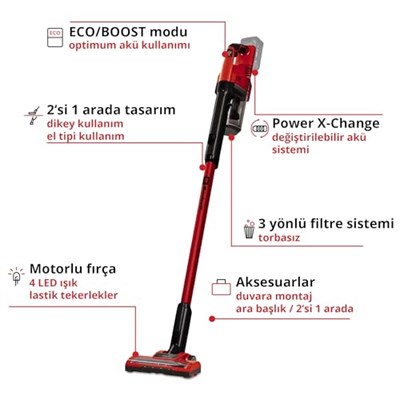 Einhell Akülü Dikey Süpürge TE-SV 18 Li-Solo Power X-Change (Li-Ion, 18V, torbasız, siklon teknolojisi, BOOST modu, 3’lü filtre sistemi) - 2347180
