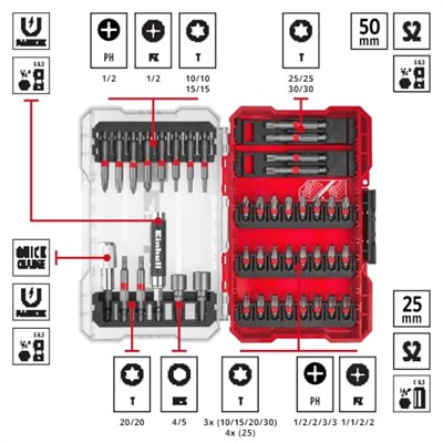 Einhell Orijinal M-CASE 42 Parça Uç Seti (25 mm uçlar, 50 mm uçlar, manyetik tutucu, lokma uç, hızlı değiştirilebilir uç tutucu, saklama kutusu dahil) - 49118953