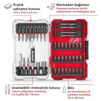 Einhell Orijinal M-CASE 42 Parça Uç Seti (25 mm uçlar, 50 mm uçlar, manyetik tutucu, lokma uç, hızlı değiştirilebilir uç tutucu, saklama kutusu dahil) - 49118953