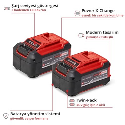 Einhell PXC Twinpack 5.2 Ah Power X-Change Akü (Li-Ion, 18 V, 2 x 5.2 Ah, Tüm Power X-Change cihazları ile uyumlu, Aktif Akü Yönetim Sistemi, Özel Şarj Döngüleri) - 4511526