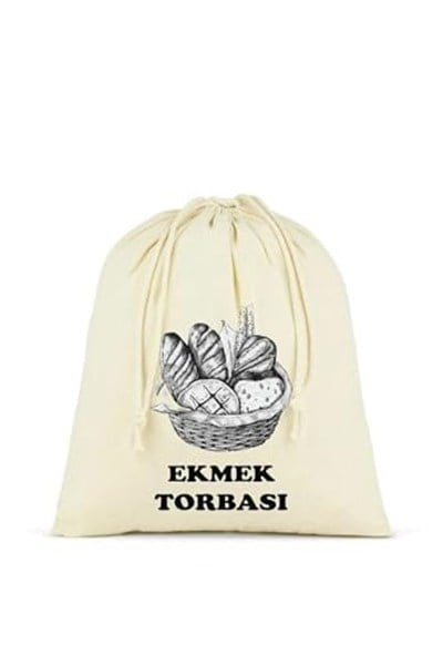 Ekmek Torbası, Pamuk Bez Torba, 40x40 cm, Baskılı Ekmek Desenli, Krem Rengi