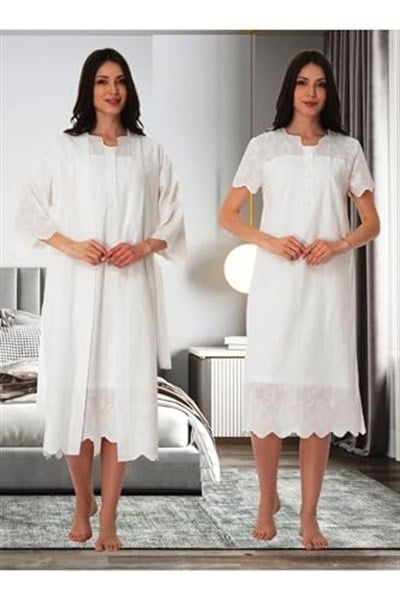 Ekru Fistolu Sabahlıklı Hamile Lohusa Gecelik Takım (Ekru/XL)