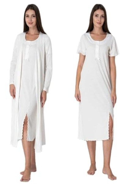 Ekru Hamile Lohusa Yırtmaçlı Gecelik Sabahlık Takımı, 2XL, EF3075-198042719639