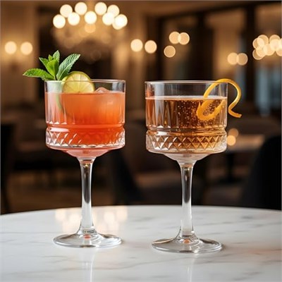 Ekstra büyük cam bardak, Vintage Coupe bardakları, büyük kare şarap bardakları. Kokteyl, şampanya, margarita, bira bardakları. Uzun saplı 2 bardaktan oluşan set (500 ml)