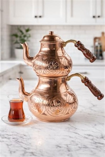 El İşlemeli Bakır Çaydanlık Takımı, Geleneksel Türk Çift Demlik Seti, Kalay Kaplı, 0.9L ve 1.8L, Keski Modeli