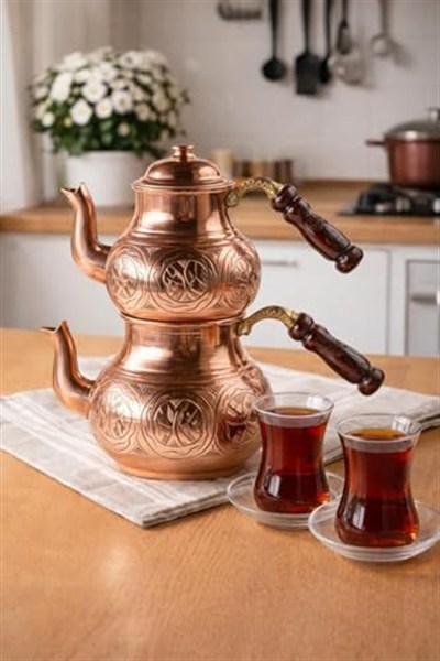 El İşlemeli Bakır Çaydanlık Takımı, Geleneksel Türk Çift Demlik Seti, Kalay Kaplı, 0.9L ve 1.8L, Keski Modeli