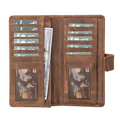El Yapımı Çıtçıtlı Deri Cüzdan - Telefon Bölmeli, Hakiki Deri Premium Kalite Kartlık Cüzdan, 2si Pencereli 13 Kart Bölmesi, Erkek ve Kadın için Hakiki Deri Cüzdan (Antik Kahverengi)