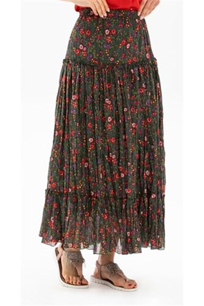 Eliş Şile Bezi Buse Vual Uzun Yazlık Etek Tomurcuk Desen, 3XL, ETK.K.0010, Yeşil, Kadın