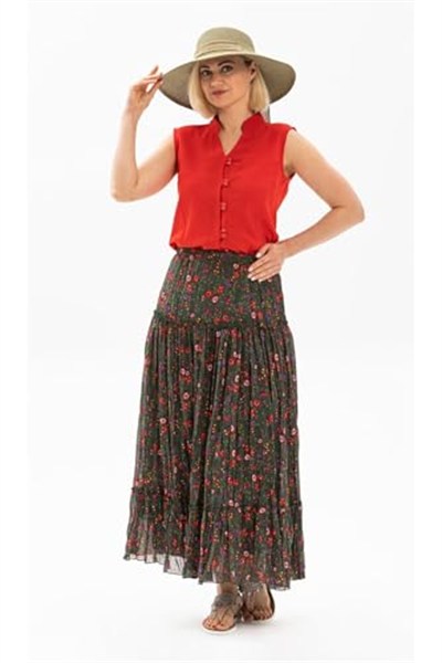 Eliş Şile Bezi Buse Vual Uzun Yazlık Etek Tomurcuk Desen, 3XL, ETK.K.0010, Yeşil, Kadın