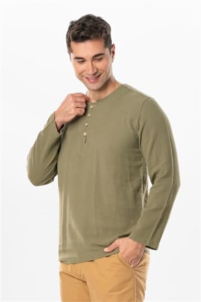 Eliş Şile Bezi Halikarnas Uzun Kol Violet Düğme Detaylı Erkek Yazlık Tshirt Haki Hk