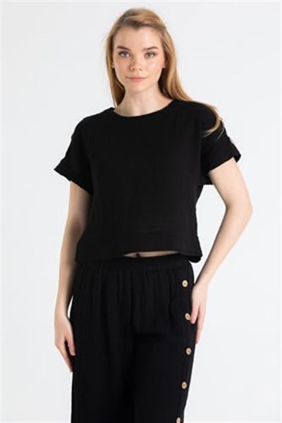 Eliş Şile Bezi Kısa Kol İzel Yazlık Müslin Bluz, XL, 511.01, Siyah, Kadın