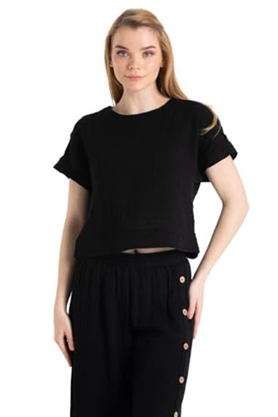 Eliş Şile Bezi Kısa Kol İzel Yazlık Müslin Bluz, XL, 511.01, Siyah, Kadın