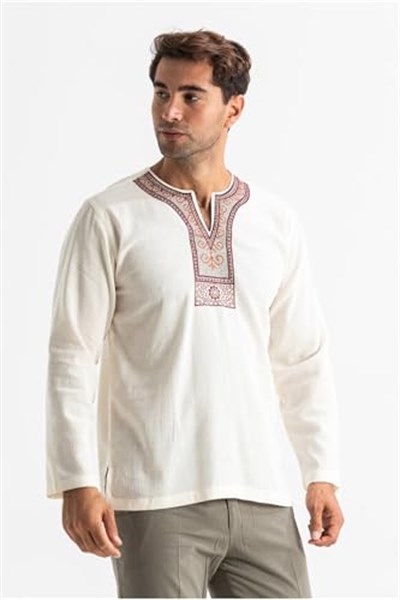 Eliş Şile Bezi Uzun Kol Şile Bezi Bisiklet Yaka Etnik Yazlık T-shirt, S, TST.E.0001, Krem, Erkek