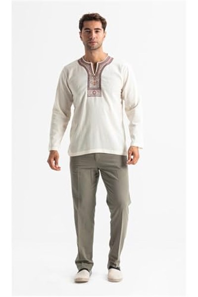Eliş Şile Bezi Uzun Kol Şile Bezi Bisiklet Yaka Etnik Yazlık T-shirt, S, TST.E.0001, Krem, Erkek