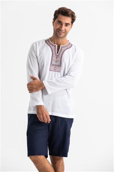 Eliş Şile Bezi Uzun Kol Şile Bezi Bisiklet Yaka Etnik Yazlık T-shirt, M, TST.E.0001, Beyaz, Erkek