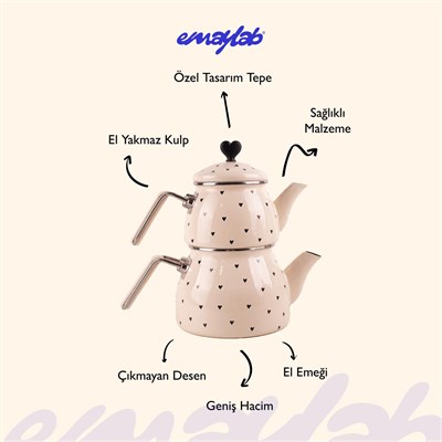 Emaylab Black Cupid Kalp Desenli Emaye Çaydanlık Takımı (özel Zamak Tepeli)