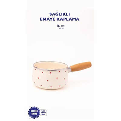 Emaylab Cupid Ahşap Saplı Kalp Desenli Emaye Sos Tavası 16cm 1,3 Litre (i̇ndüksi̇yon Dahi̇l Tüm Ocaklara Uygun)