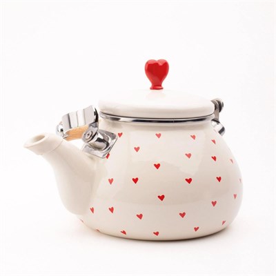 Emaylab Cupid Emaye Kalp Desenli Vintage Kettle - 2 Litre, Ocağa Koyulabilir, Emaye Su Isıtıcı Krem