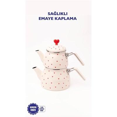 Emaylab Cupid Kalp Desenli Emaye Çaydanlık Takımı (özel Zamak Tepeli)