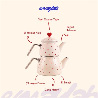Emaylab Cupid Kalp Desenli Emaye Çaydanlık Takımı (özel Zamak Tepeli)