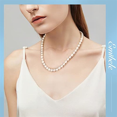 Emibele Shell Pearl Necklace for Women, Imitation Pearl Necklace 925 Sterling Silver Clasp White Round 8mm Pearl Choker Necklace Simulated Shell Pearls Chain with Extended Link Jewelry Gift for Her