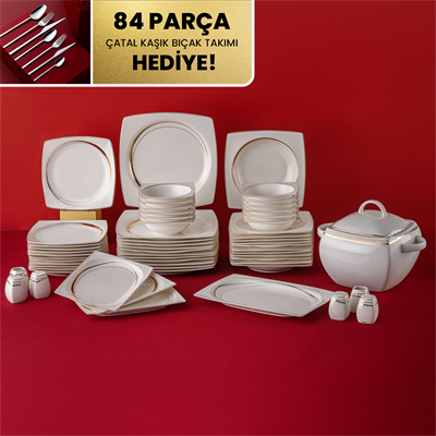 Emsan Fine Bone Hale 60 Parça 12 Kişilik Kare Yemek Takımı Gold