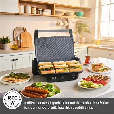 Emsan Inox Feel Steel 6 Dilim Kapasiteli Izgara ve Tost Makinesi 1800W