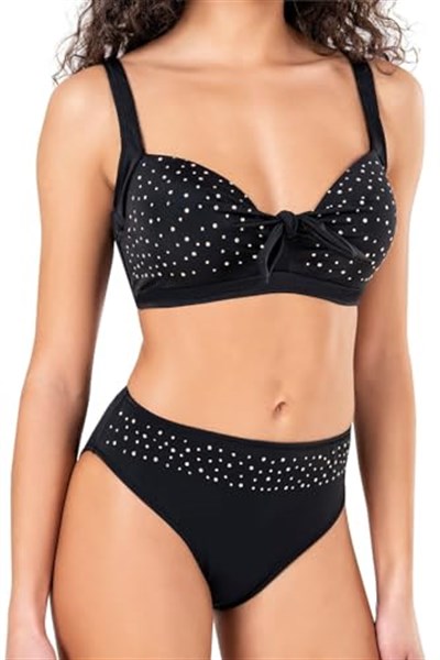 Endeep Kadın Fiyonk ve Taş Detaylı Büyük Beden Siyah Bikini Takımı