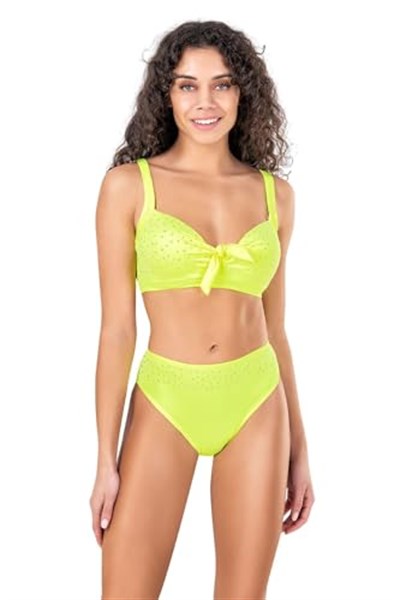 Endeep Kadın Fiyonk ve Taş Detaylı Büyük Beden Sarı Bikini Takımı