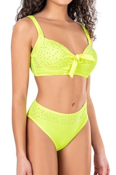 Endeep Kadın Fiyonk ve Taş Detaylı Büyük Beden Sarı Bikini Takımı