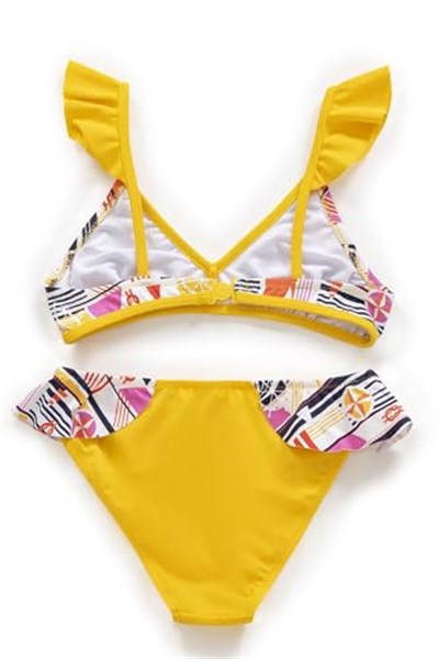 Endeep Kız Çocuk Desenli Volanlı Sarı Bikini Takımı