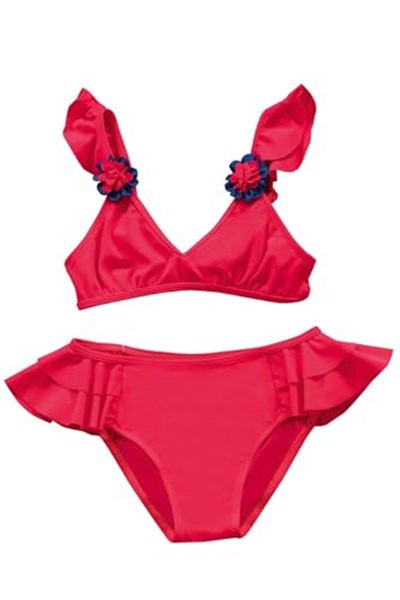 Endeep Kız Çocuk Kırmızı Aksesuar Detaylı Volanlı Bikini Takımı
