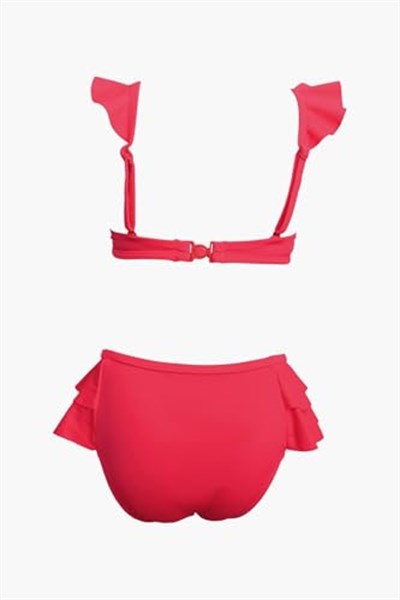 Endeep Kız Çocuk Kırmızı Aksesuar Detaylı Volanlı Bikini Takımı