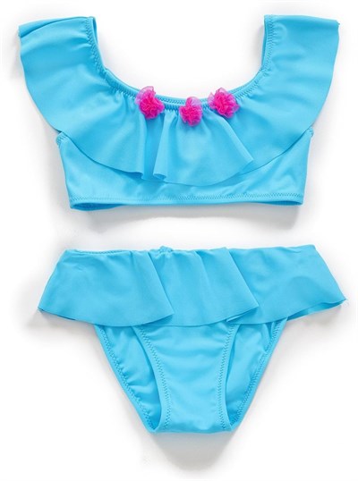Endeep Kız Çocuk Volanlı Aksesuarlı Mavi Bikini Takımı
