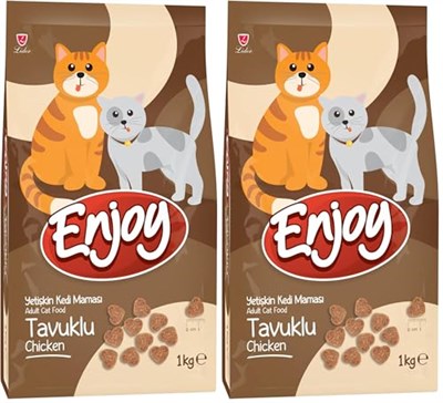 Enjoy Kuru Kedi Maması, Tavuklu, Yetişkin, Keten Tohumu ile Omega 3 & 6 Katkısı, 1 Kg (2 paketi) - Seçenekler: Sebze, Somonlu Kısırlaştırılmış, Somonlu ve Hamsili...