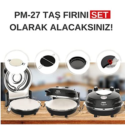 ERATEC - Pizza fırını, SET-PM-27. 400°Cye kadar sıcaklık, 5 pişirme kademesi, pizza 4 dakika hazır, aksesuarlar dahil: 32 cm ateşe dayanıklı taş plaka, XXL tava eklentisi, pizza küreği, pizza kesici.