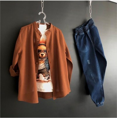 ERKEK ÇOCUK KETEN GÖMLEK VE KOT PANTOLONLU 3 PARÇA SET KAHVERENGİ 5-6 Yaş