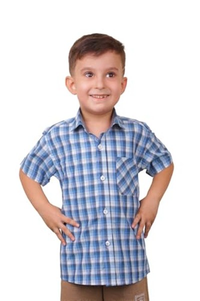 erkek çocuk siyah turkuaz beyaz kareli kısa kollu gömlek