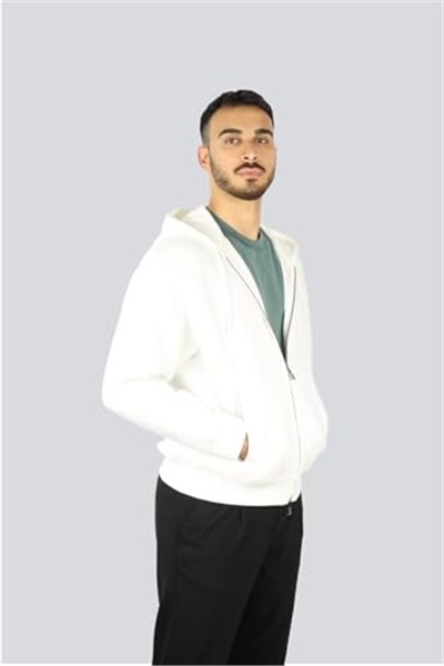 Erkek Fermuarlı ve Kabartmalı Kartal Logolu Pamuklu Kapüşonlu Uzun Kollu Beyaz Eşofman Üstü EM001122 AF10013-U0003