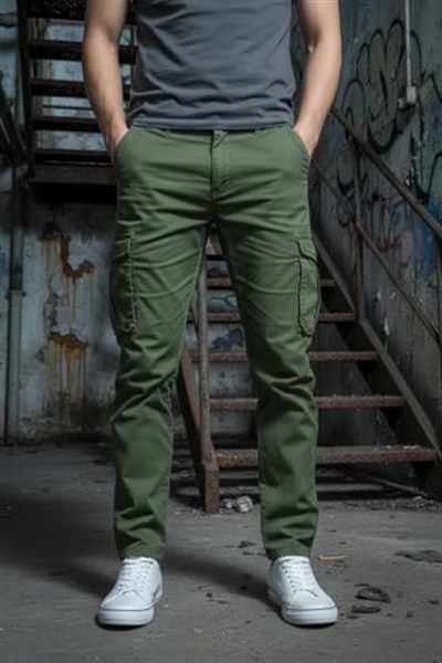 Erkek Kargo Pantolon - Haki Yeşil Likralı Pamuk Erkek Pantolon - Outdoor İş Yürüyüş Erkek Pantolon
