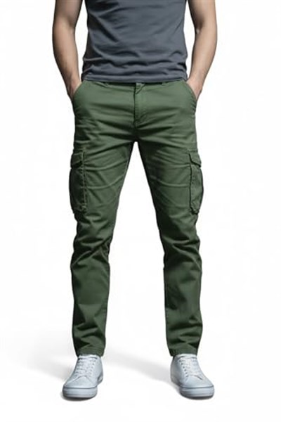 Erkek Kargo Pantolon - Haki Yeşil Likralı Pamuk Erkek Pantolon - Outdoor İş Yürüyüş Erkek Pantolon