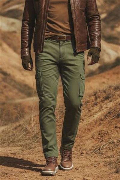 Erkek Kargo Pantolon - Haki Yeşil Likralı Pamuk Erkek Pantolon - Outdoor İş Yürüyüş Erkek Pantolon