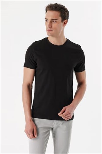 Erkek Siyah Basic Düz%100 Pamuk Bisiklet Yaka Slim Fit Dar Kesim Kısa Kollu Tişört